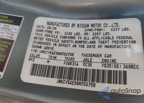 2006 Infiniti G35 z USA, uszkodzony, nr VIN JNKCV54E56M700758